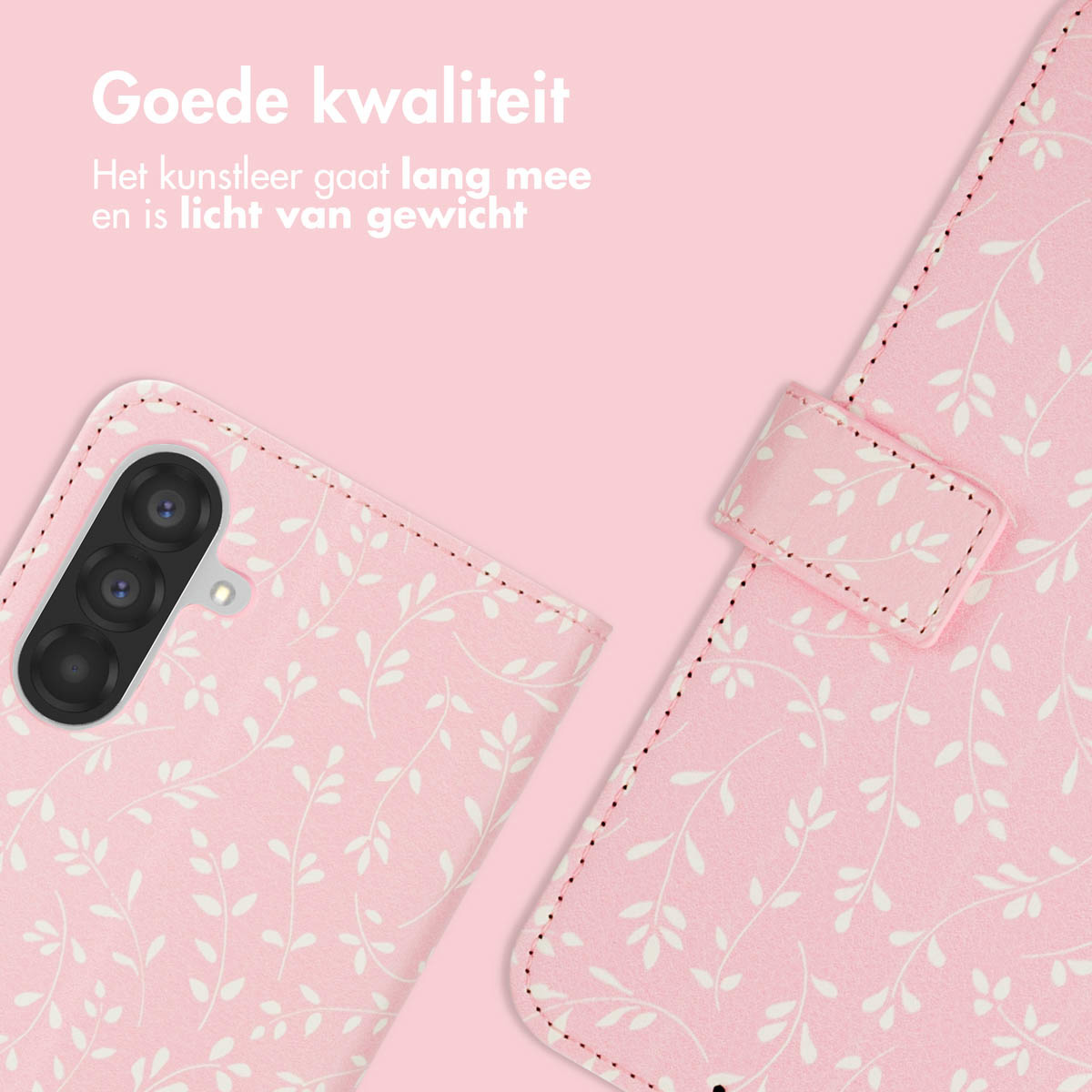 Roze telefoonhoes open op een roze achtergrond. Het heeft een bloemenpatroon.