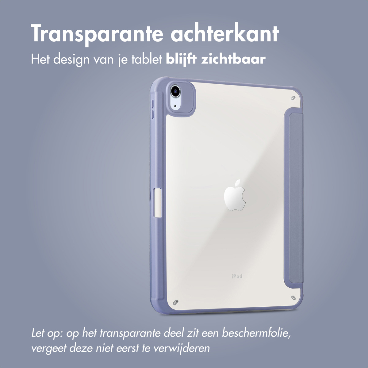 Étui de tablette bleu, dos transparent, design de l'iPad visible.
