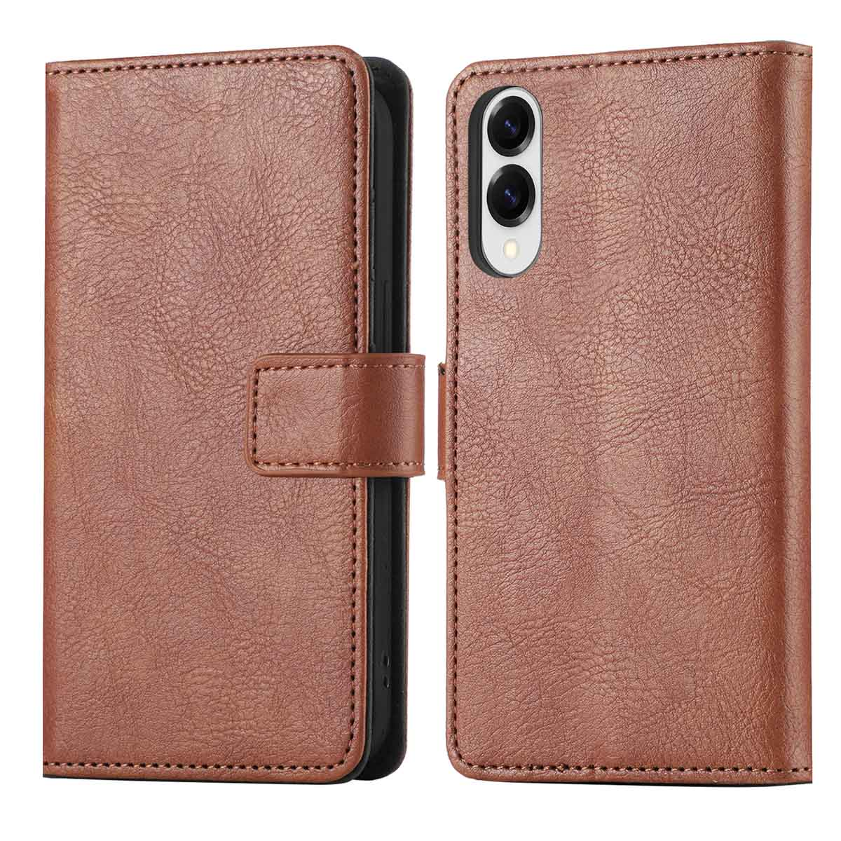 Bruine leren telefoonhoes, gesloten en open, met stiksels en sluiting.