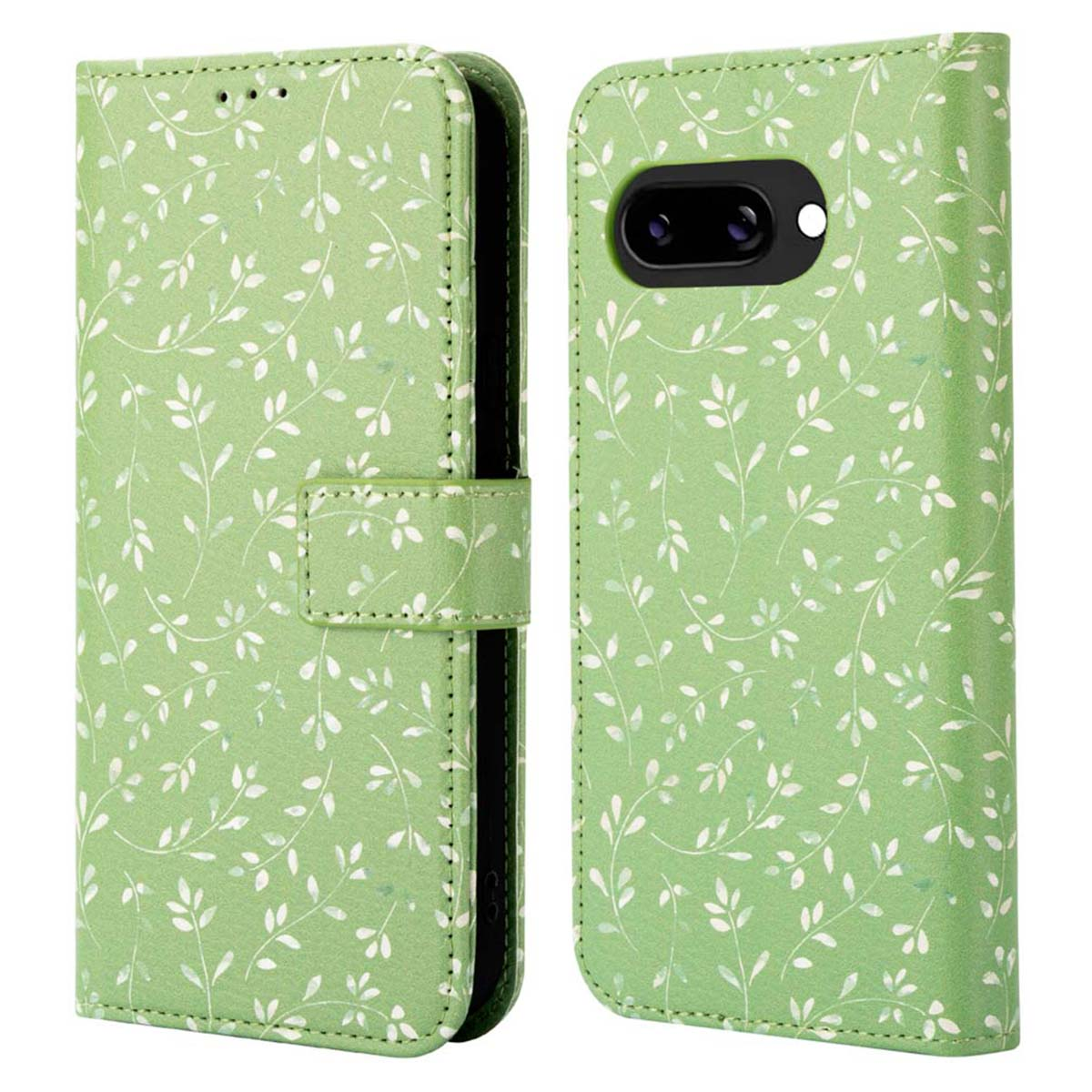 Groene telefoonhoes met wit bladerpatroon, gesloten en open, met stiksels.