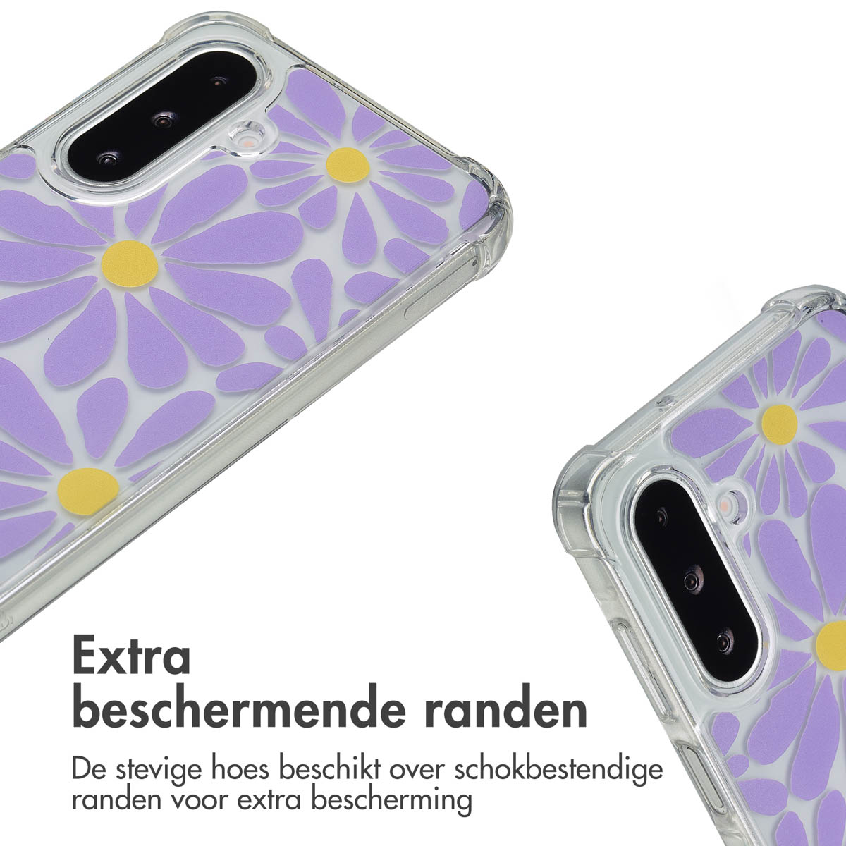 Transparante telefoonhoes met paarse bloemen, een telefoon. Witte achtergrond.