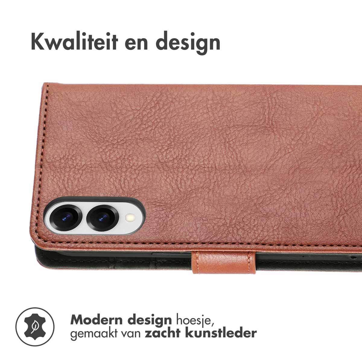 Bruine leren telefoonhoes, open, telefoon tonen, met stiksels en sluiting.