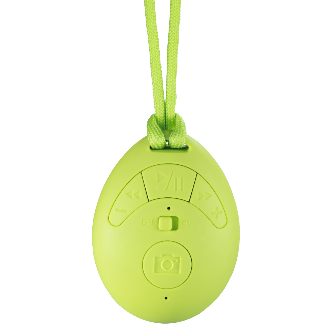 Grüne Fernbedienung mit Tasten und einem Ein/Aus-Schalter. Ein Lanyard ist befestigt.