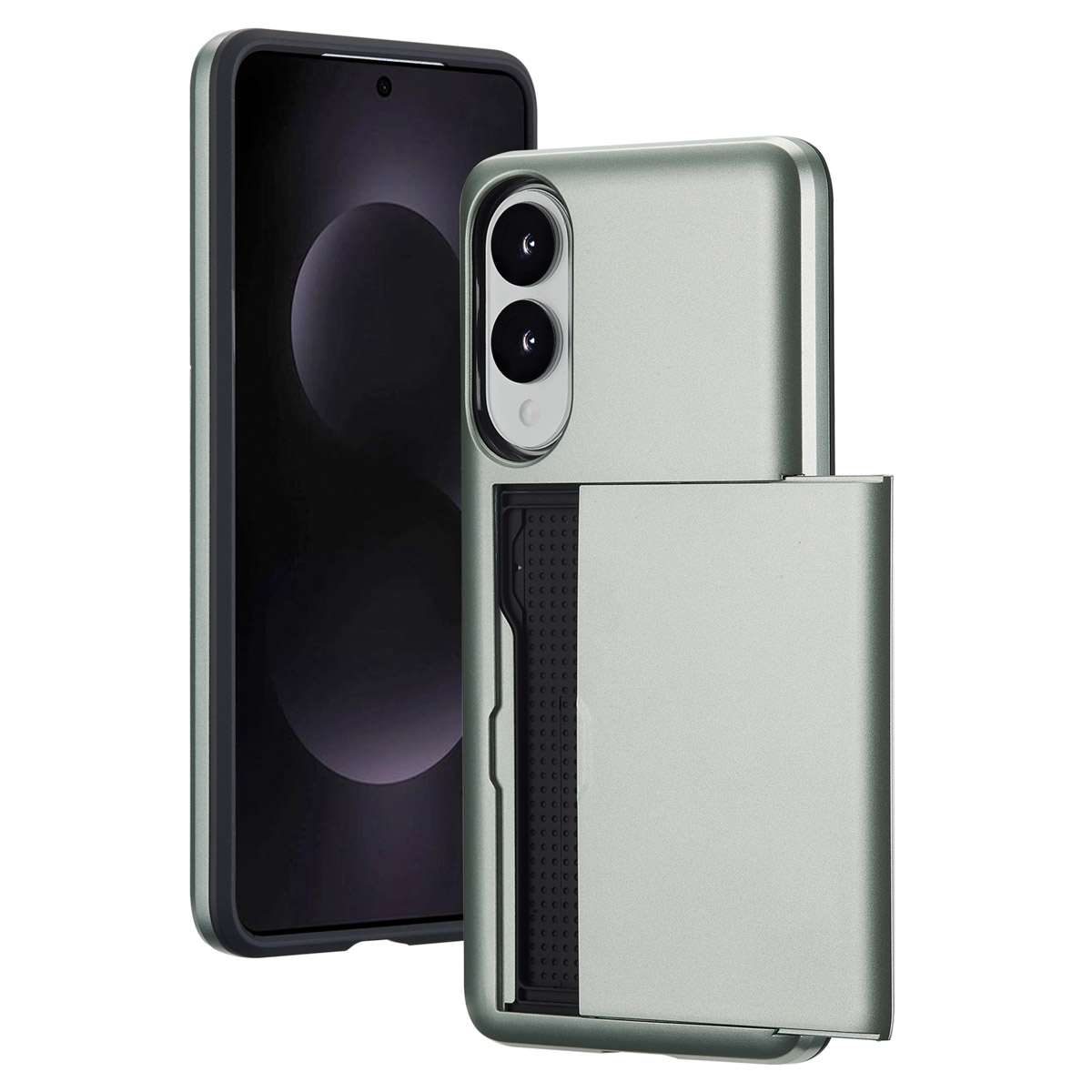 Groene telefoonhoes, de achterkant toont een kaartsleuf. Een telefoon is gedeeltelijk geplaatst.