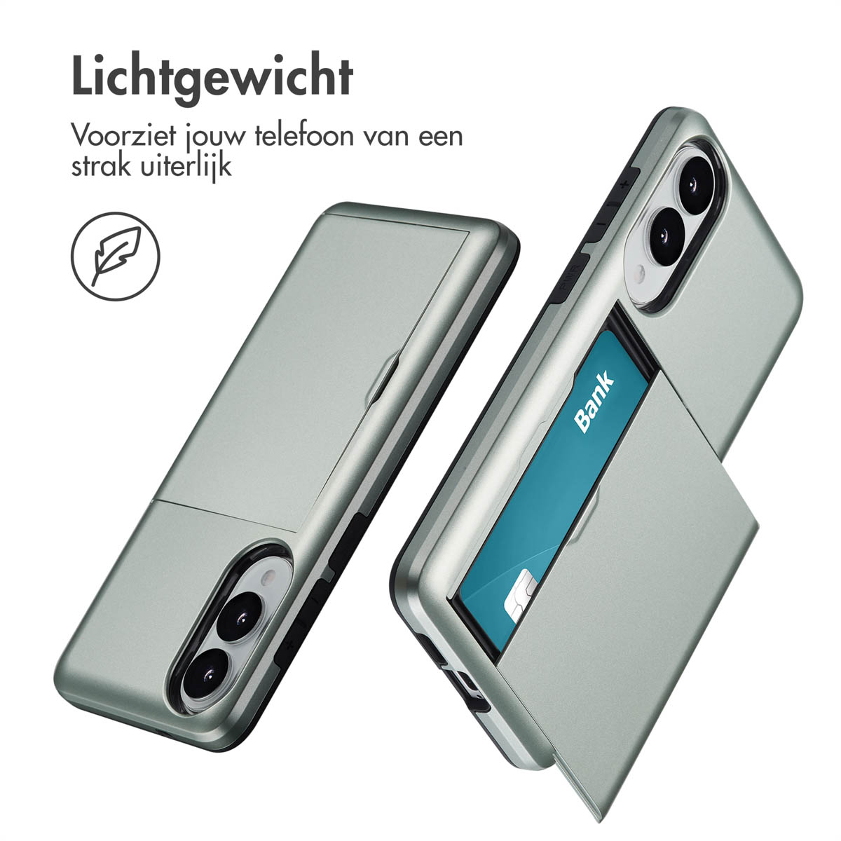 Een lichtgroene telefoonhoes met een kaartsleuf. Een kaart met het woord Bank is zichtbaar.
