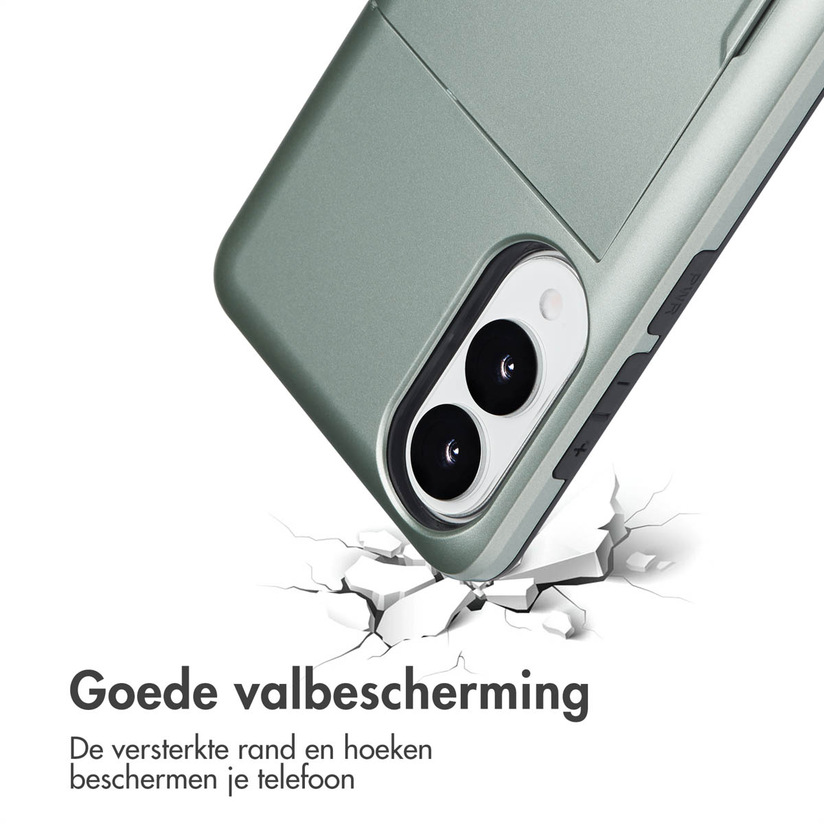 Groene telefoonhoes close-up, met een scheurgrafiek. De hoes is schuin, met de telefoon erin.