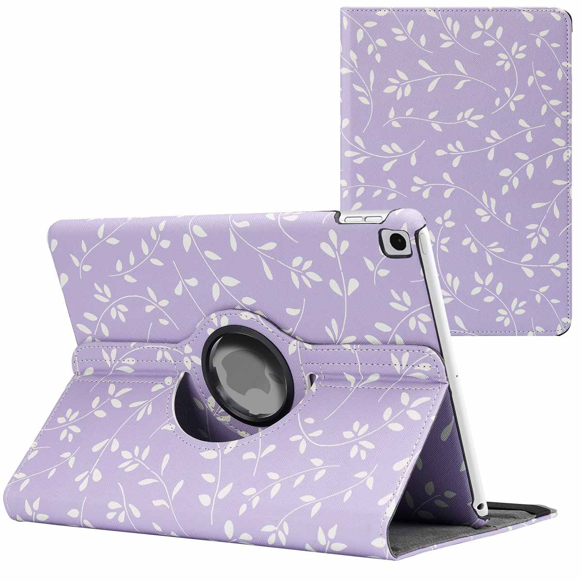 Purple tablet case with white leaf pattern. The tablet is rotated to different positions. Second case visible.
