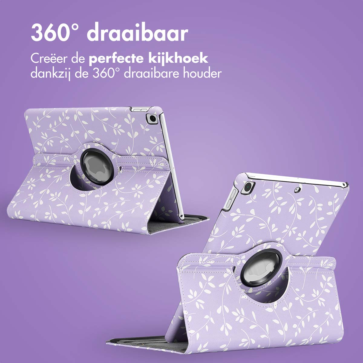 Tablet case that can rotate to different viewing positions. Floral pattern.