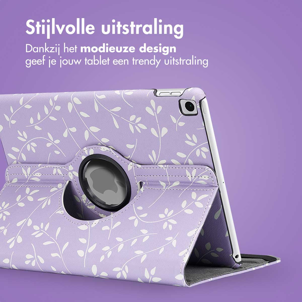Purple tablet case with white leaf pattern, showing the tablet inside. Open in a tilted position.