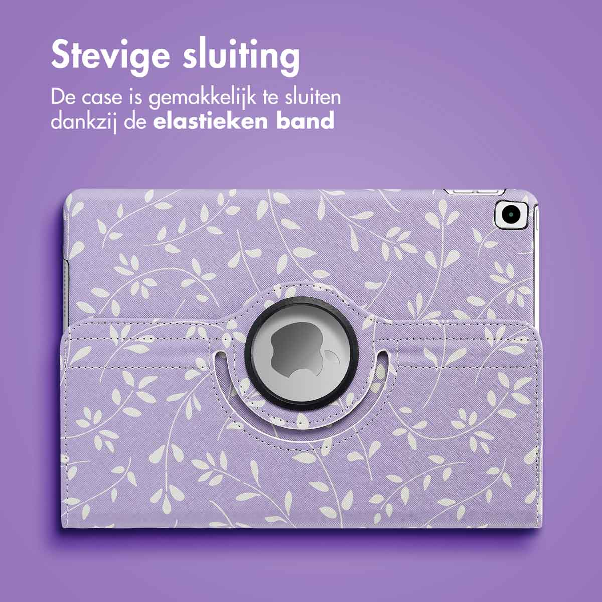 Purple tablet case with white floral pattern, open. Close-up shows the Apple logo cutout and elastic band.