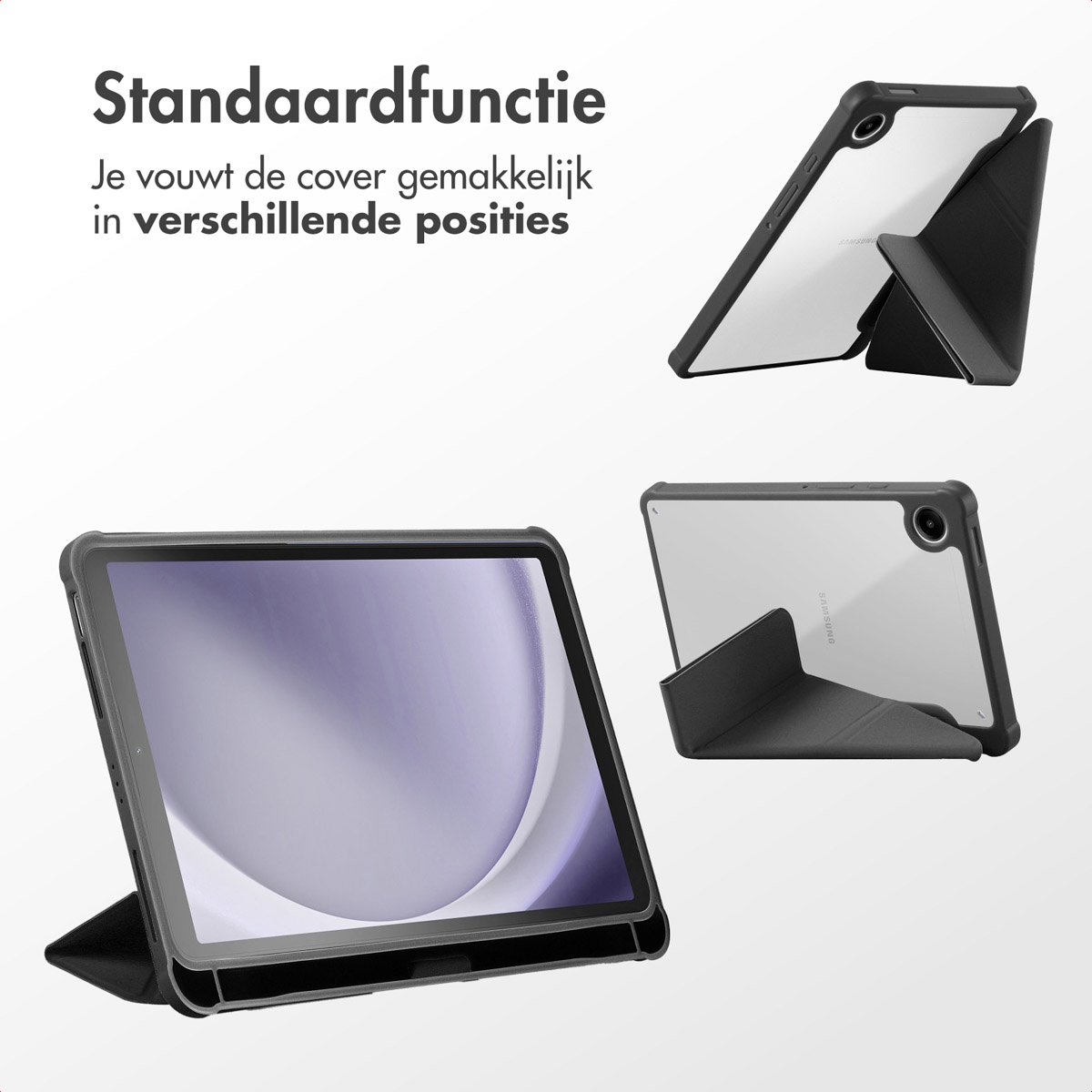 Tablet in a black case, three angles show the tablet propped up in different positions.