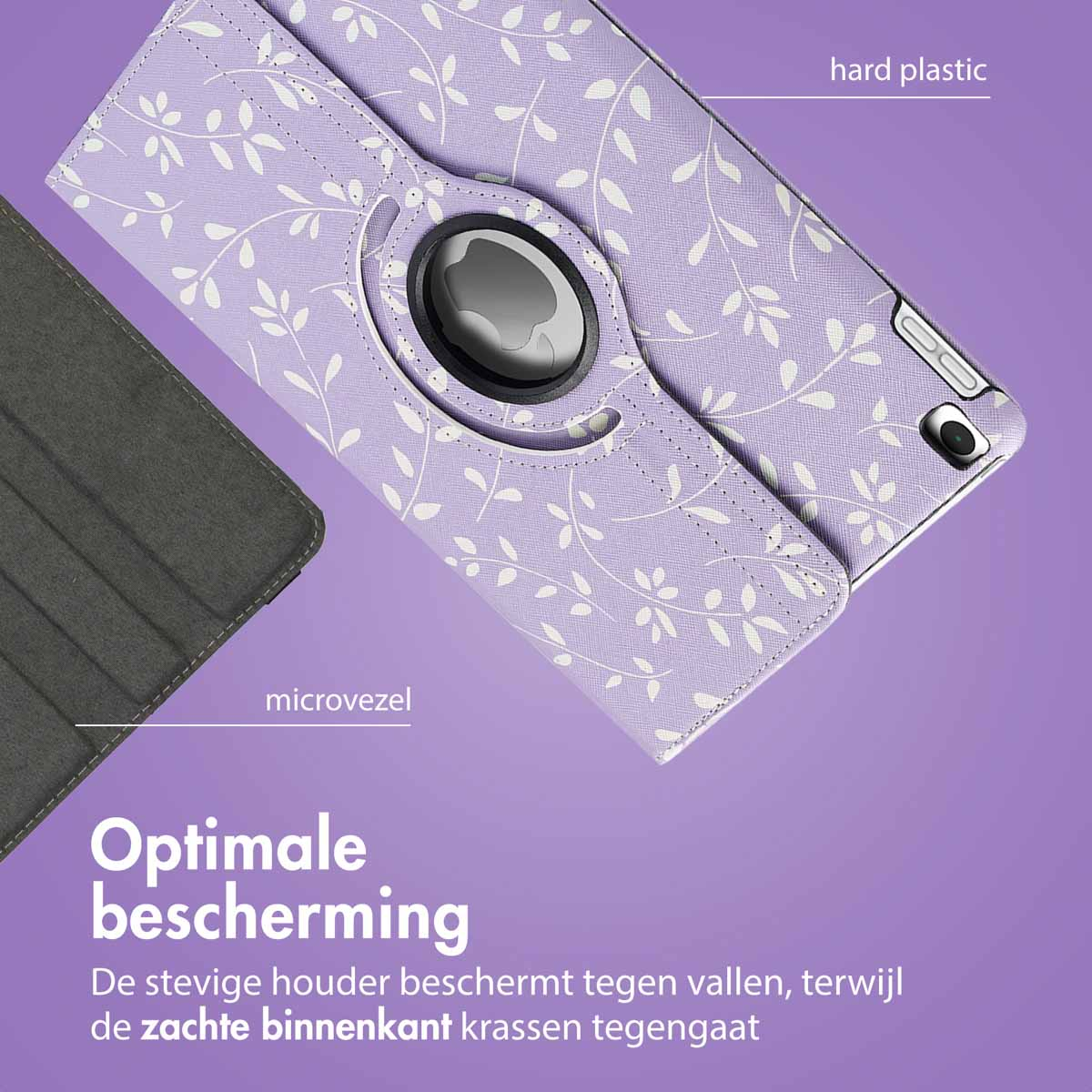 Purple tablet case with floral pattern. Features hard plastic and microfiber. Displays text: 'Optimal protection'.