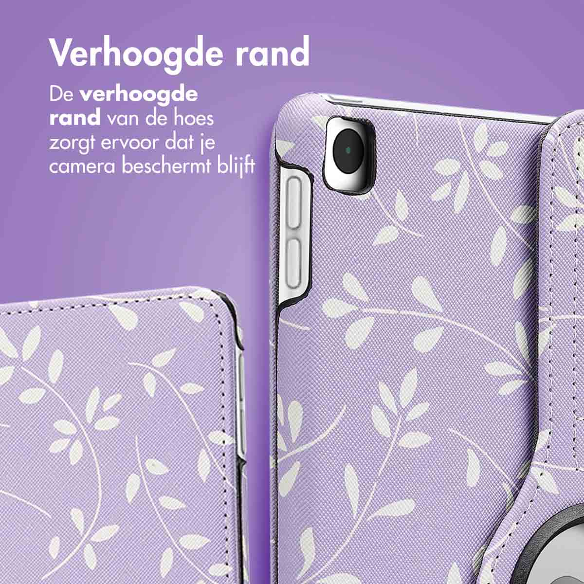 Close-up of a purple tablet case with floral pattern. Shows the camera area and the edge. Text: 'Raised edge'.