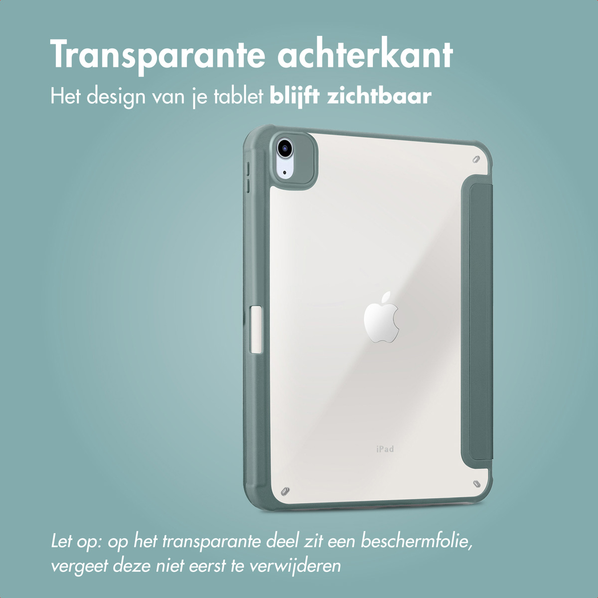 Tablet in a green case with transparent back. Displays the iPad logo. Text: 'Transparent back. Design visible'.