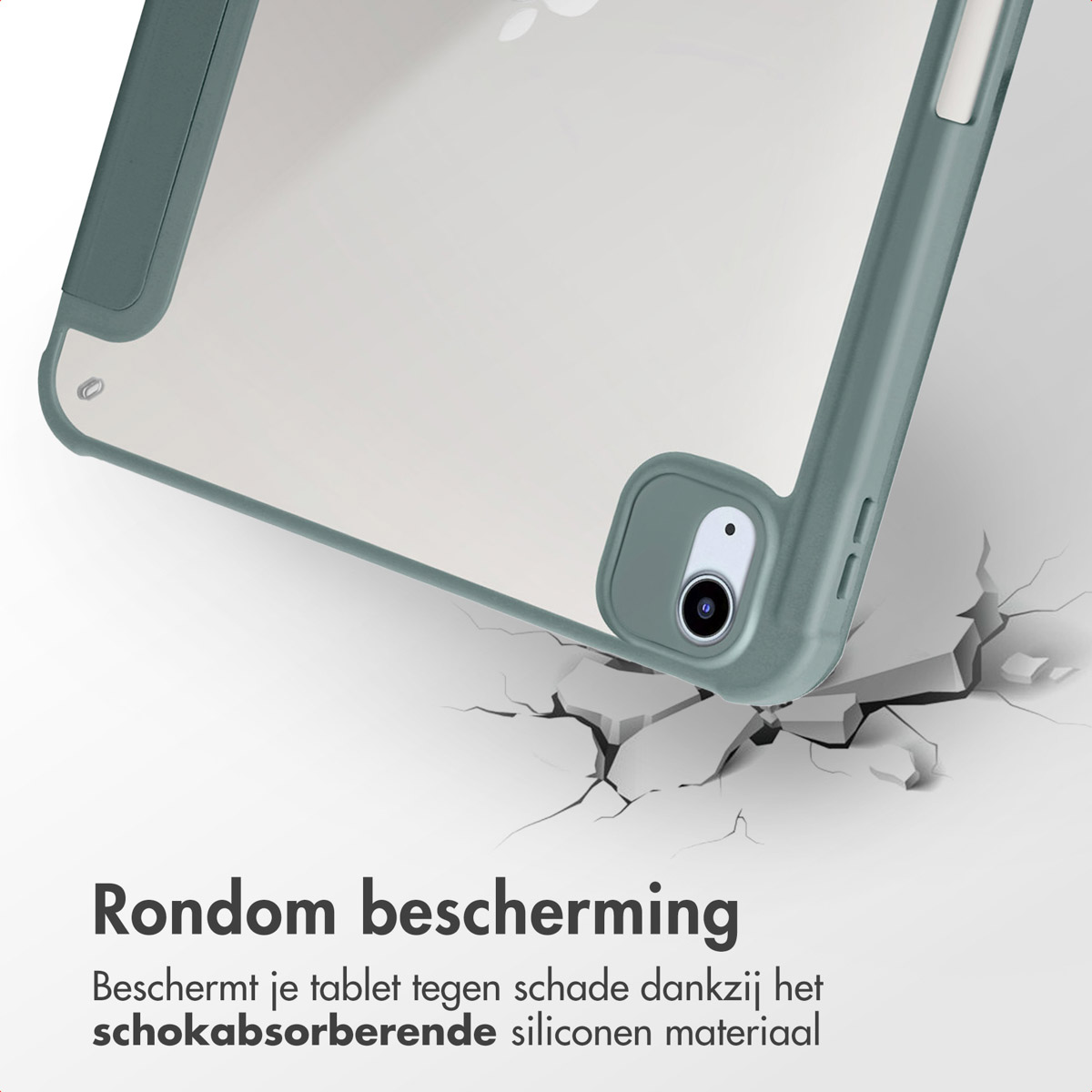 Tablet in een groene hoes, op een gebarsten oppervlak. Tekst op de afbeelding zegt 'bescherming'.