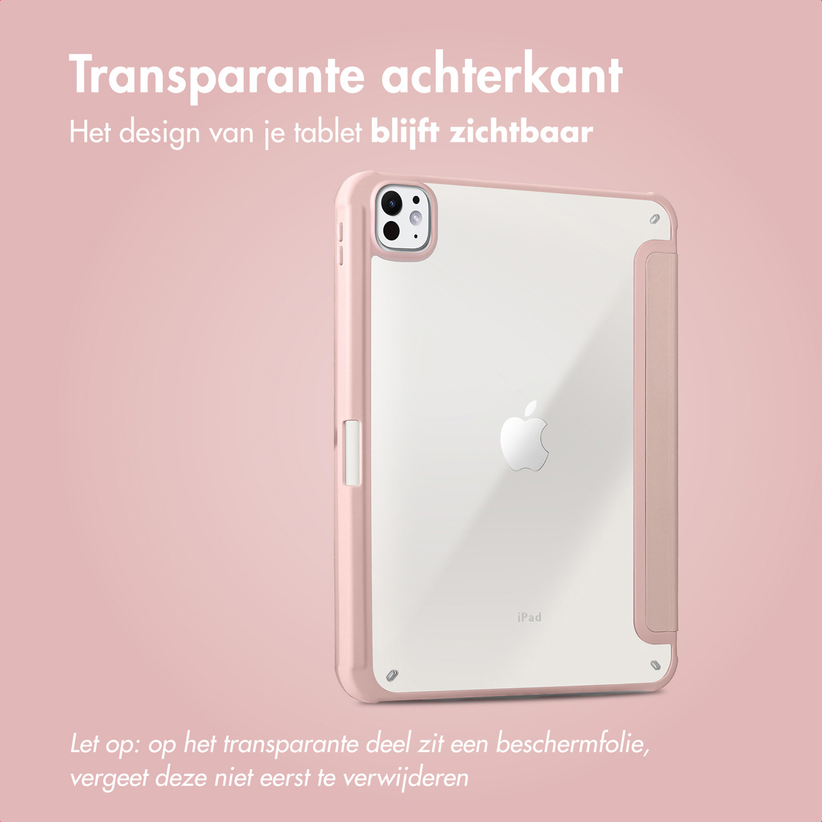 Tablet in a pink case. The back is transparent. The Apple logo is visible. Pink background.