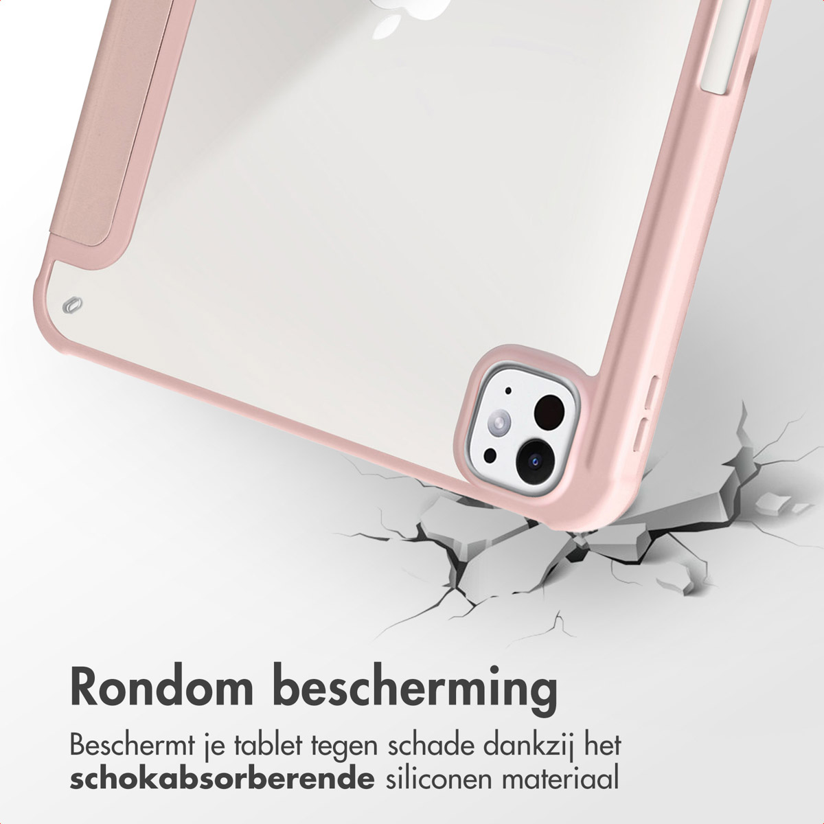 Pink tablet case with a tablet inside. The case protects the tablet with shock-absorbing material.