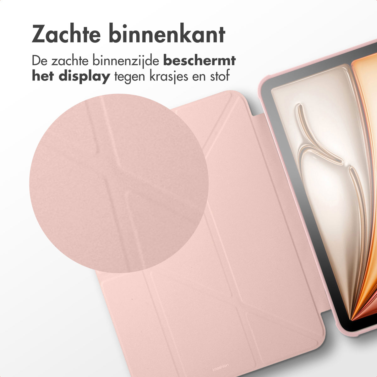A pink tablet case, showing the soft inner side protecting the display against scratches.