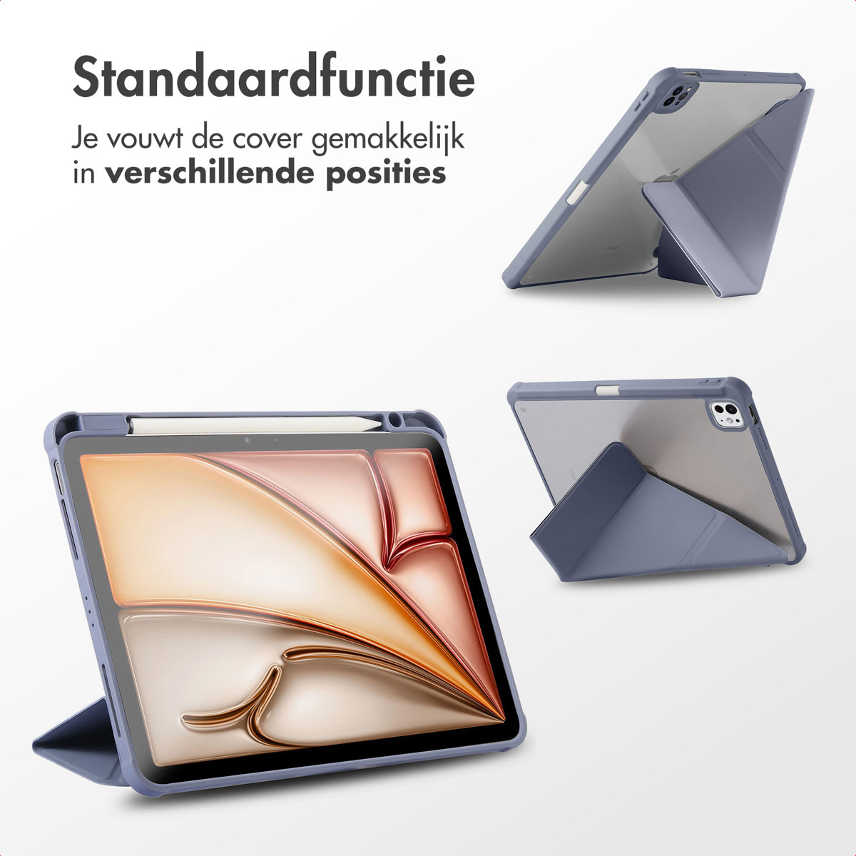 Tablets in blue cases in various positions. The cases can be folded to stand.