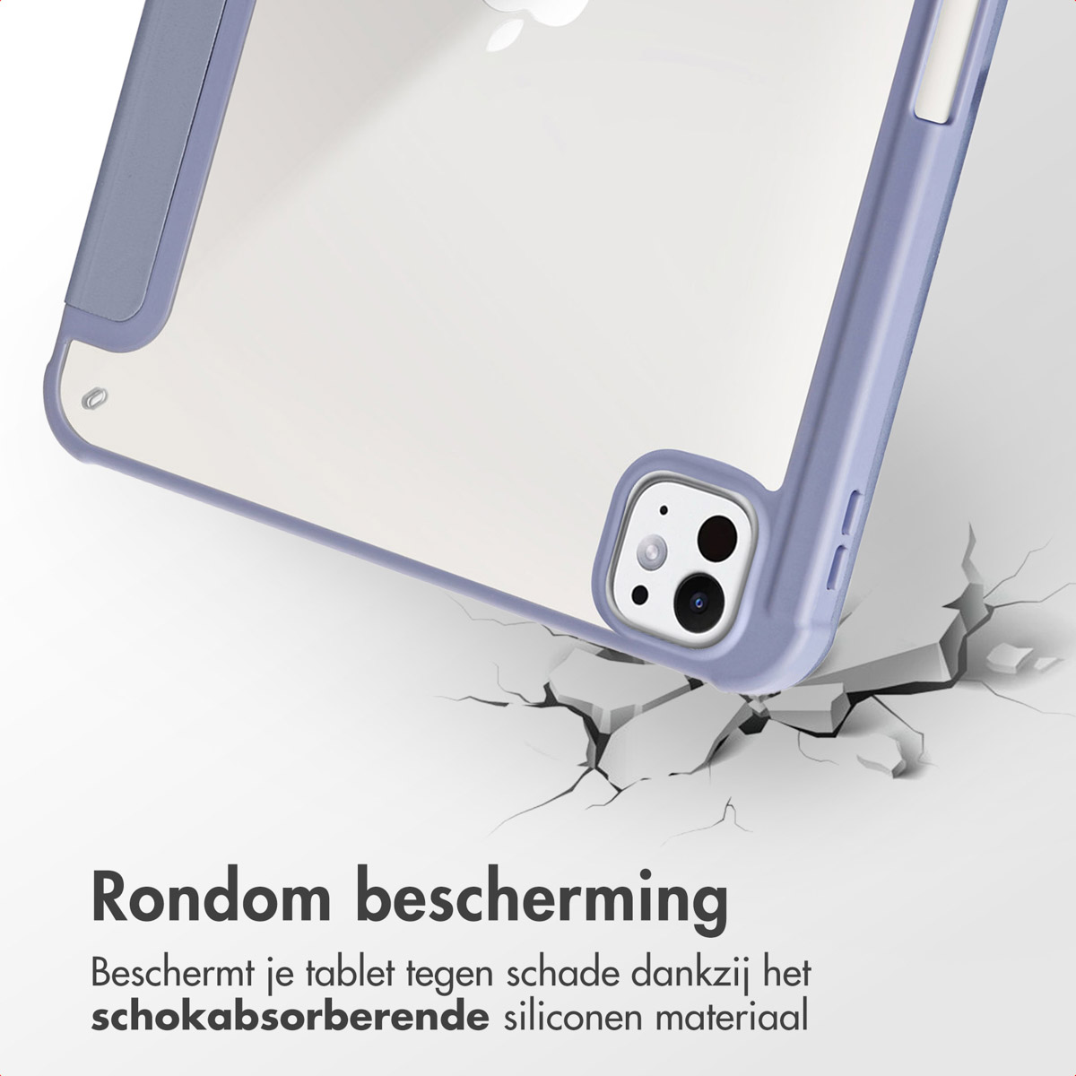 Tablet in a purple case, cracking a white surface. Text on the image says 'protection'.