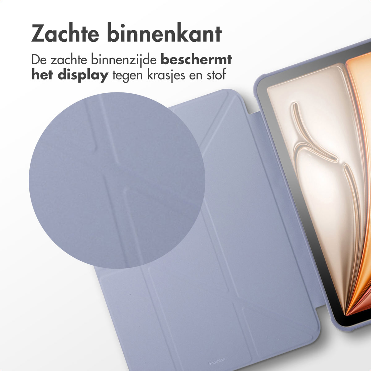 Tablet cover open. The inside is purple. The screen is visible, and there is a circle.