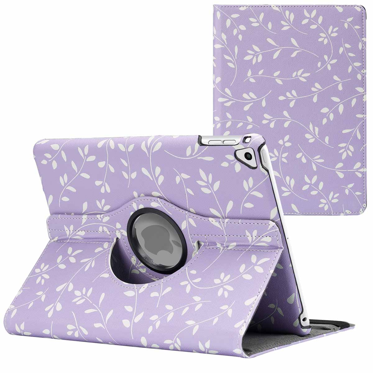Un étui de tablette violet avec des motifs de feuilles blanches, ouvert et fermé. Sur fond violet.