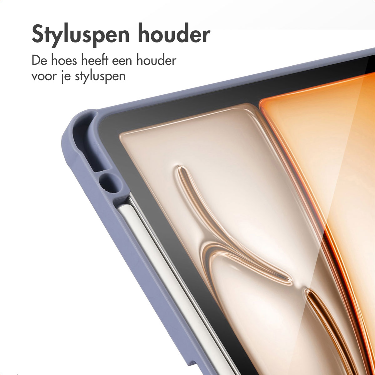 Tablet in a blue case with stylus holder. The stylus is silver. The screen is visible.