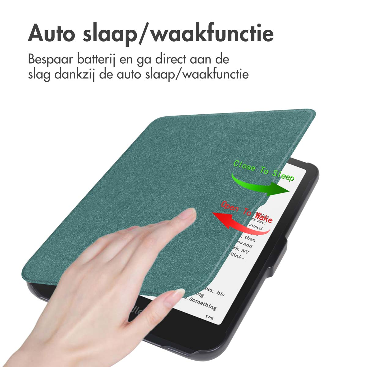 Green cover over an e-reader. A hand is holding the cover. A white background.