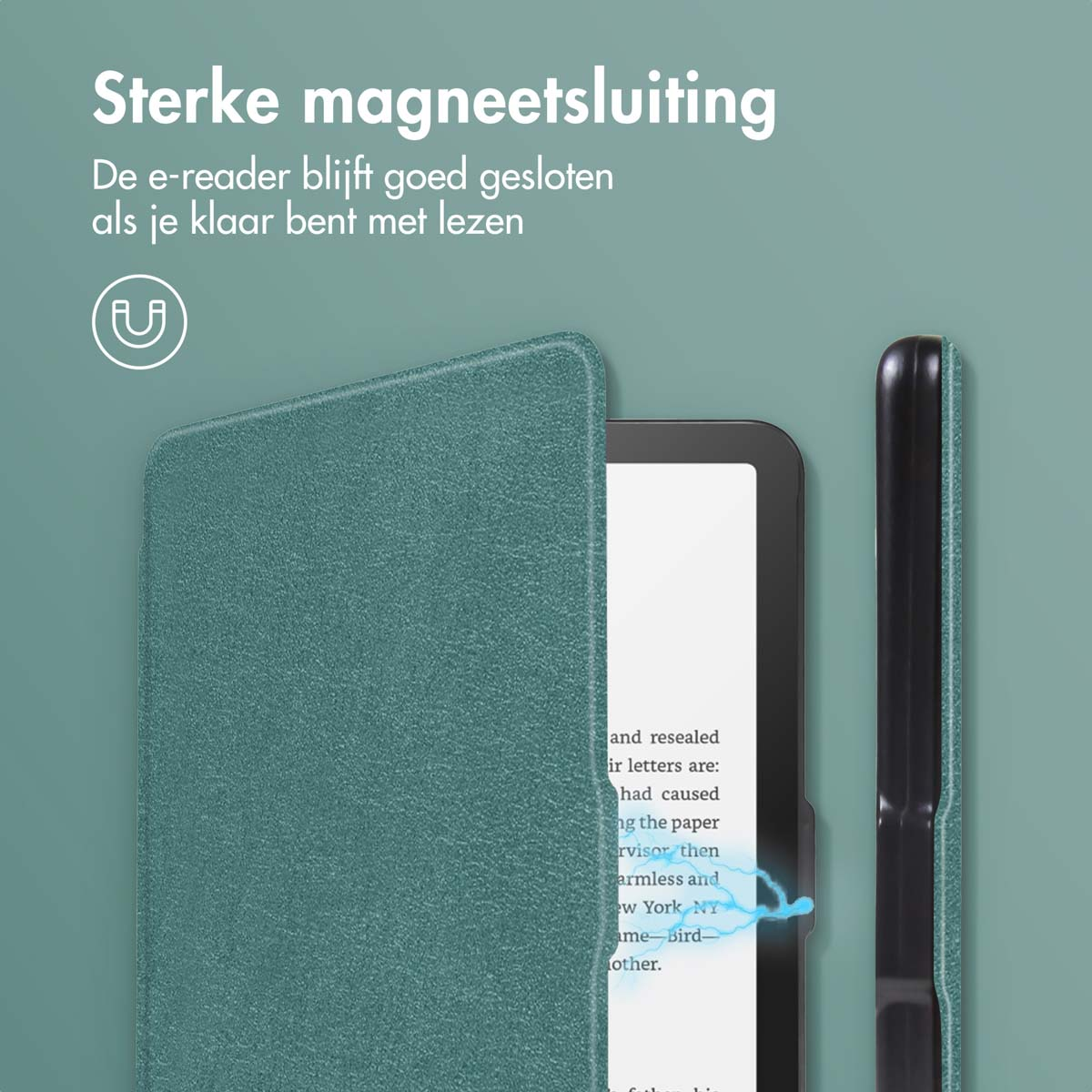 Green e-reader case. The e-reader is open. White background.