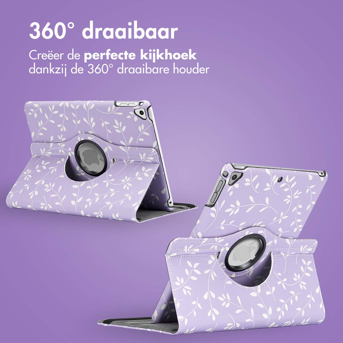 Étui de tablette à motifs floraux. Trois vues montrant une rotation à 360 degrés. Fond violet.