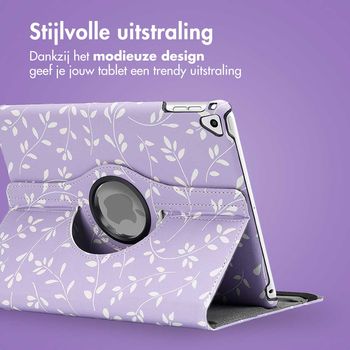 Étui de tablette violet avec motif floral blanc. La tablette est inclinée. Fond violet.