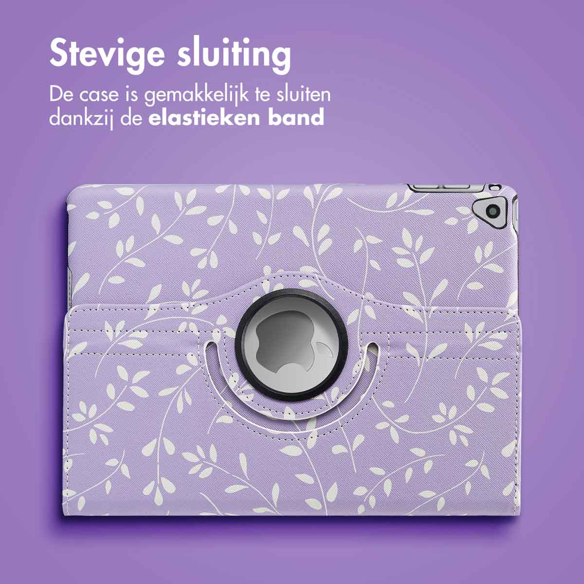 Étui de tablette violet avec motif floral blanc. L'étui est fermé. Fond violet.