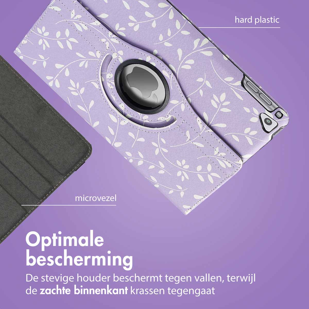 Étui de tablette violet avec motif floral blanc. Intérieur en microfibre grise. Fond violet.