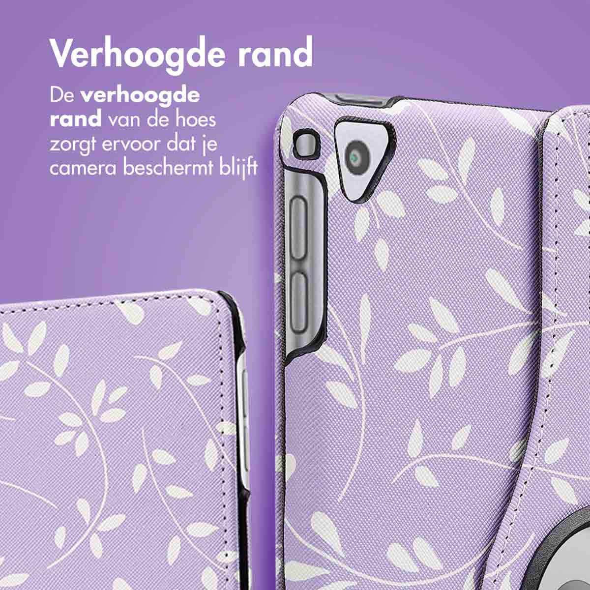 Étui de tablette violet avec motif floral blanc. L'étui est sur un fond violet.