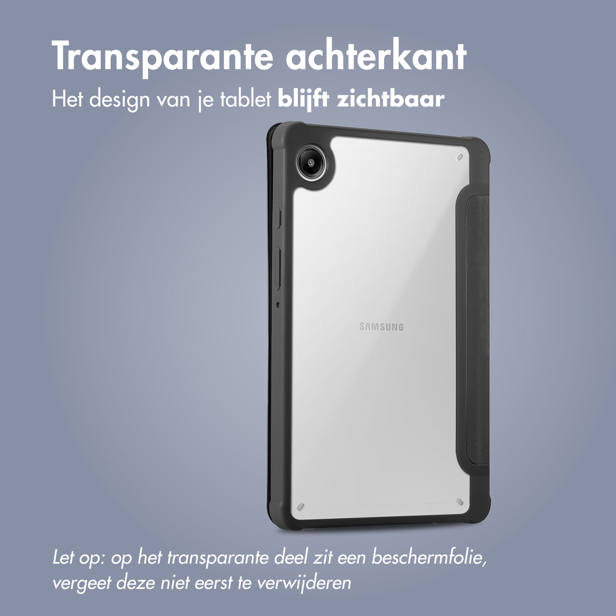 Tablet with transparent back in a black case. The background is light grey.