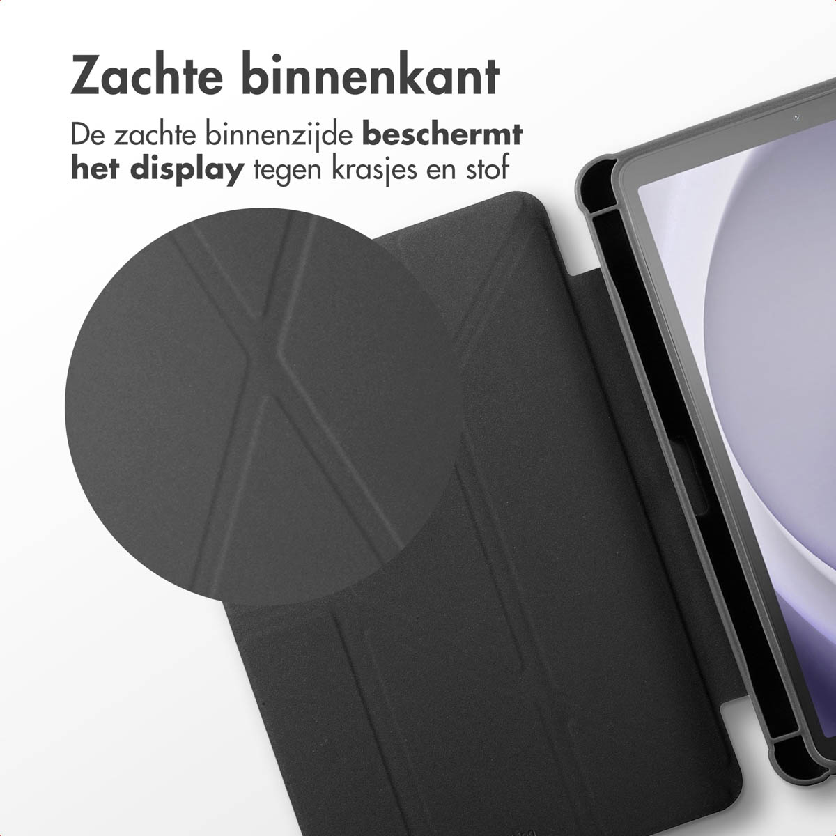 Close up of a black tablet case interior. Text: 'Zachte binnenkant'. Background is black.