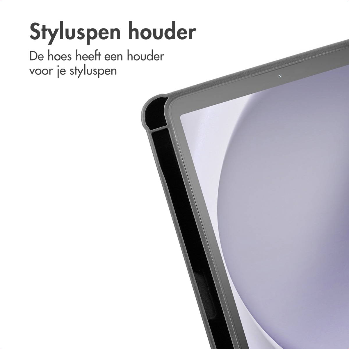 Close up of a tablet in a gray case with a stylus holder. The background is white.