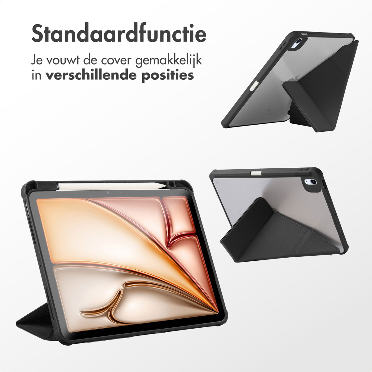 Zwarte tablethoes in verschillende posities. Tekst: Standaardfunctie, gemakkelijk op te vouwen.