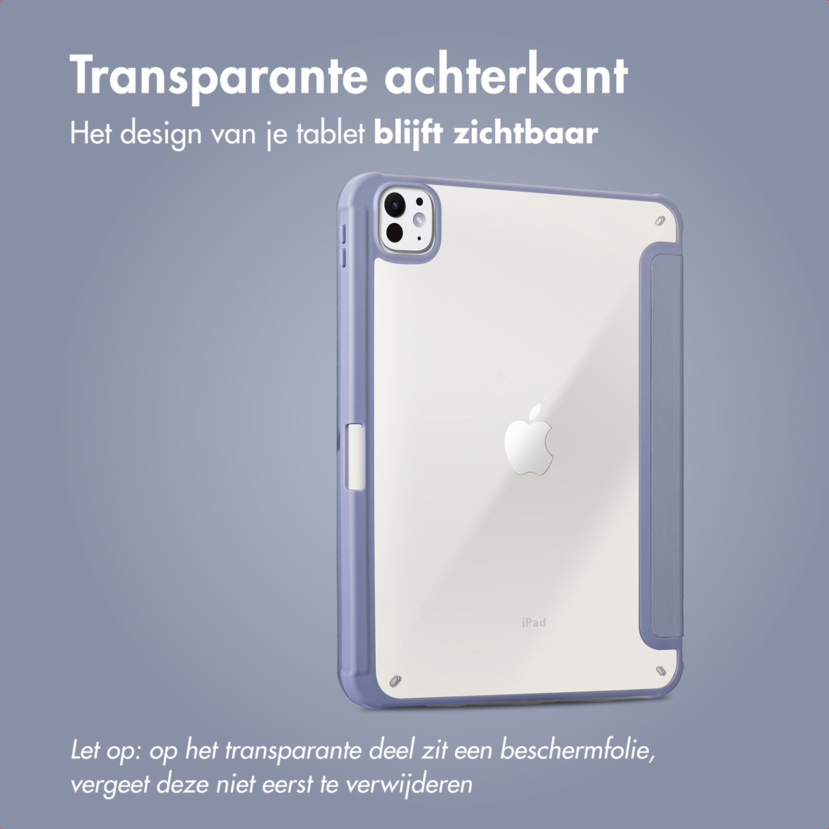 Een iPad in een blauwe hoes. Nederlandse tekst over het ontwerp en een herinnering om de film te verwijderen.