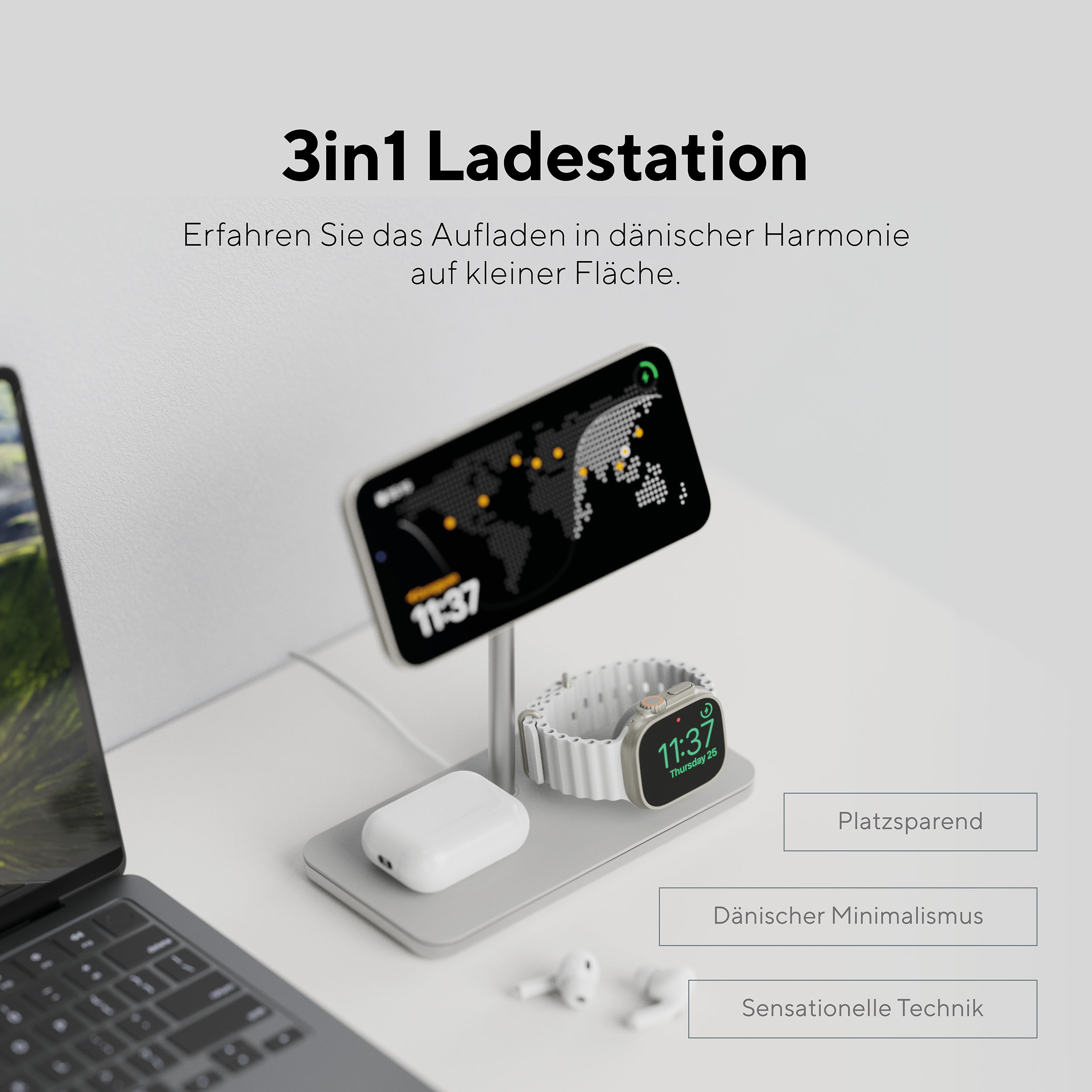 Ladestation mit Telefon, Uhr und Ohrhörern auf grauer Oberfläche.