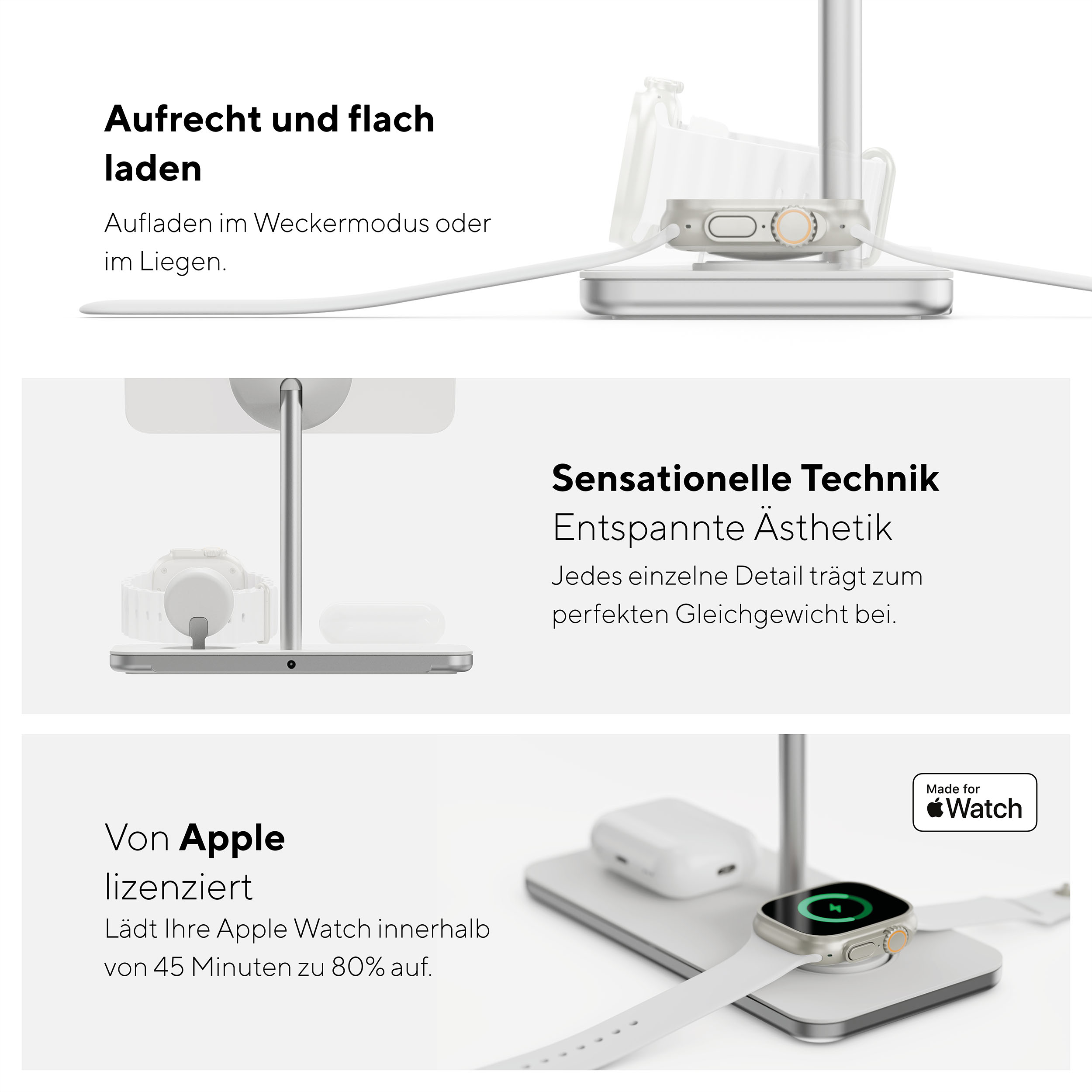 Weiße Apple Watch auf Ladestation. Weiße Ohrhörer und Smartphone befinden sich ebenfalls auf der Dockingstation.