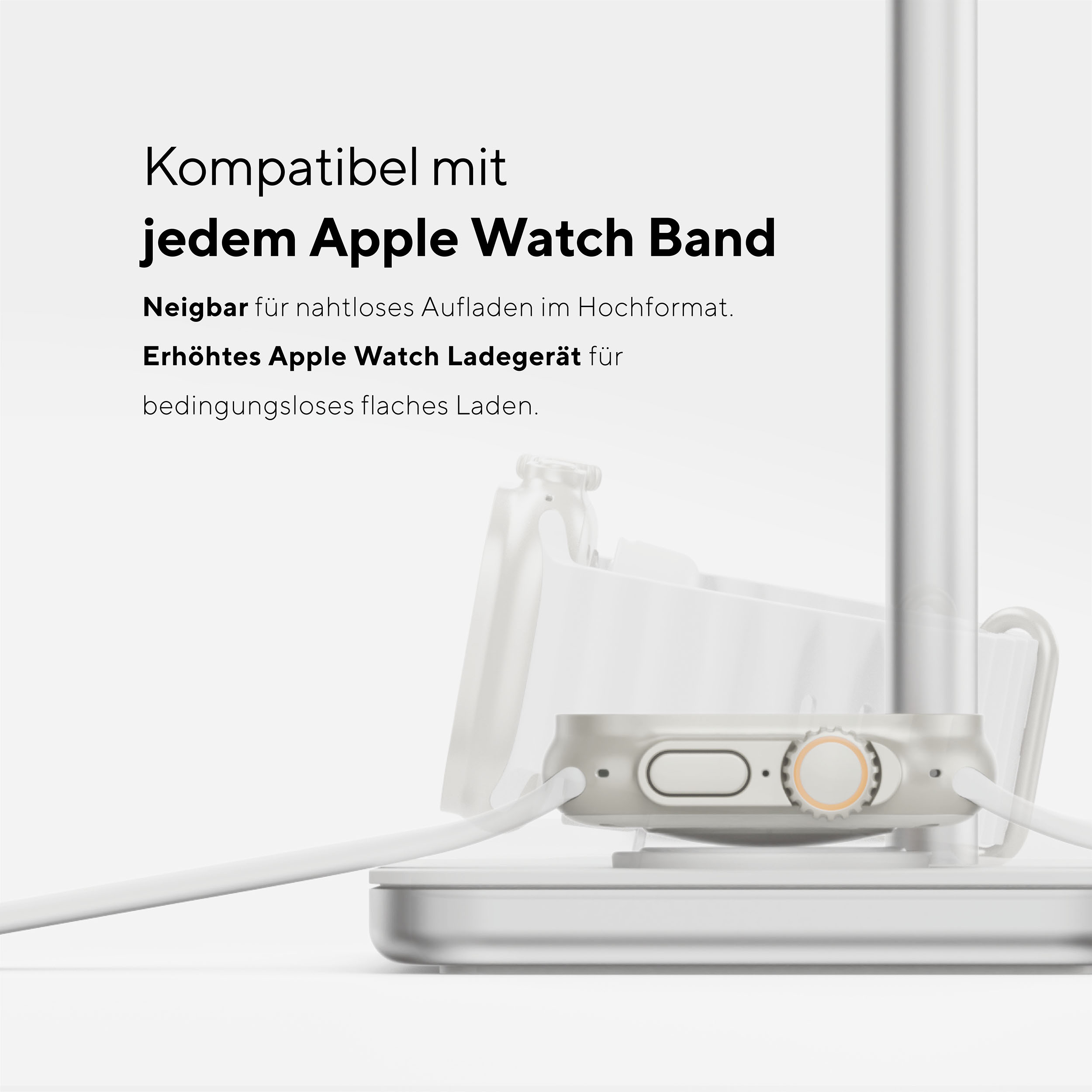 Smartwatch auf weißem Ladegerät, Text: „Kompatibel mit jedem Apple Watch Band“.