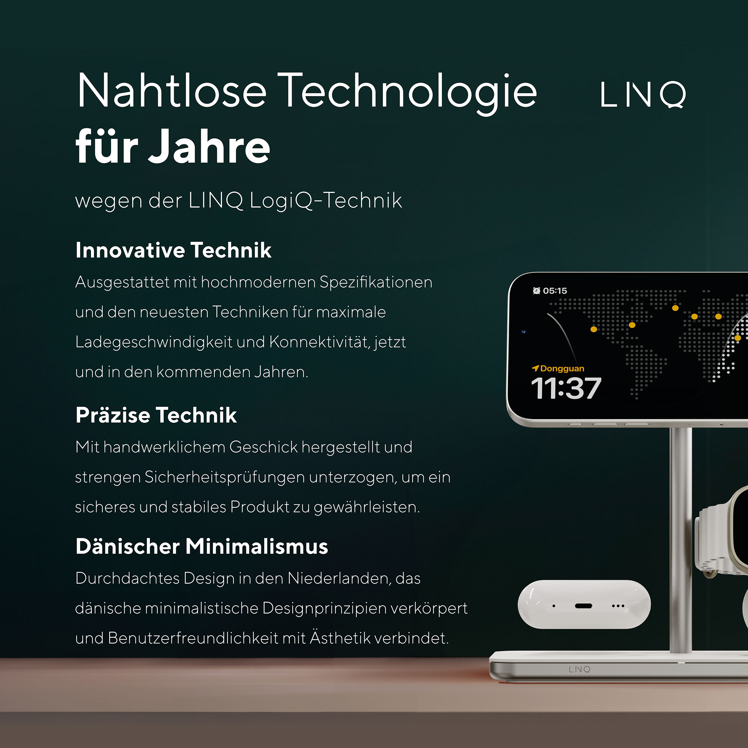 Schwarz-weißes Marketingmaterial. Text auf Deutsch. Ein Telefon mit Uhr rechts.