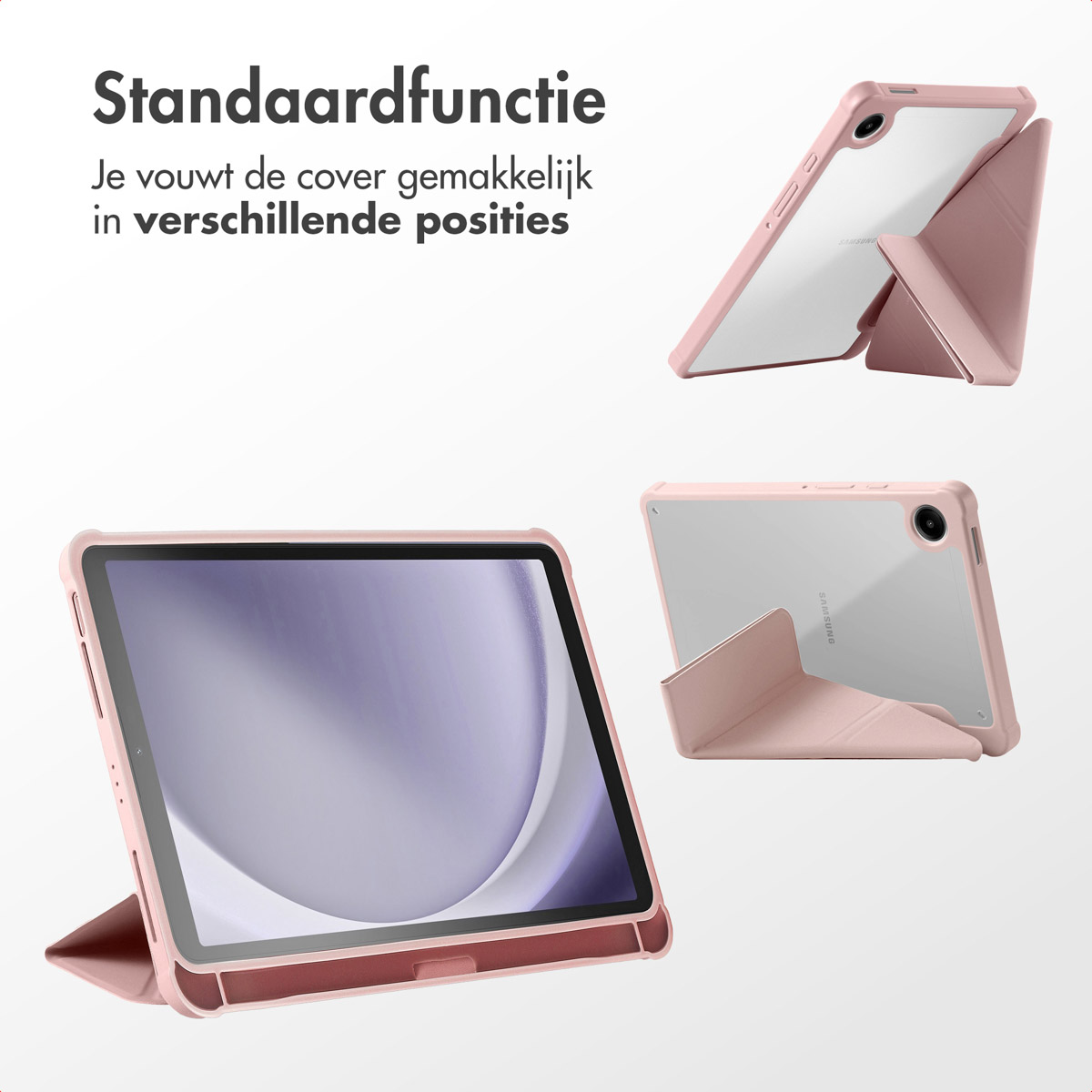 Pink tablet case in different positions. The tablet is visible. White background.