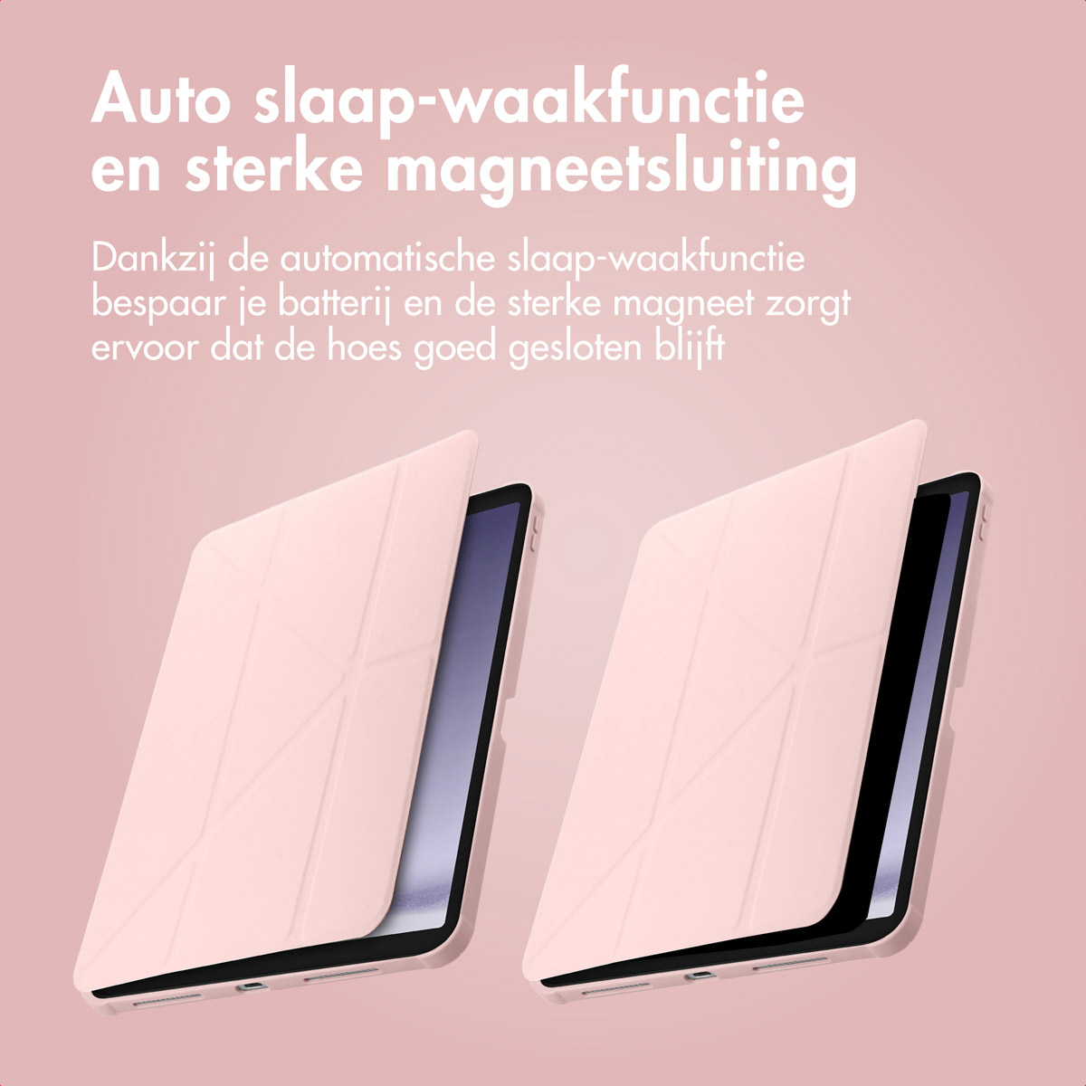 Pink tablet case, opened. Text: Auto sleep-wake function and magnetic closure.