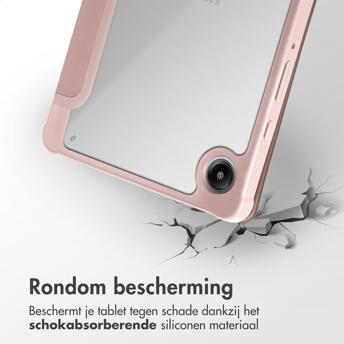 Pink tablet case with clear back. The tablet is protected. Cracked ground effect in the background.