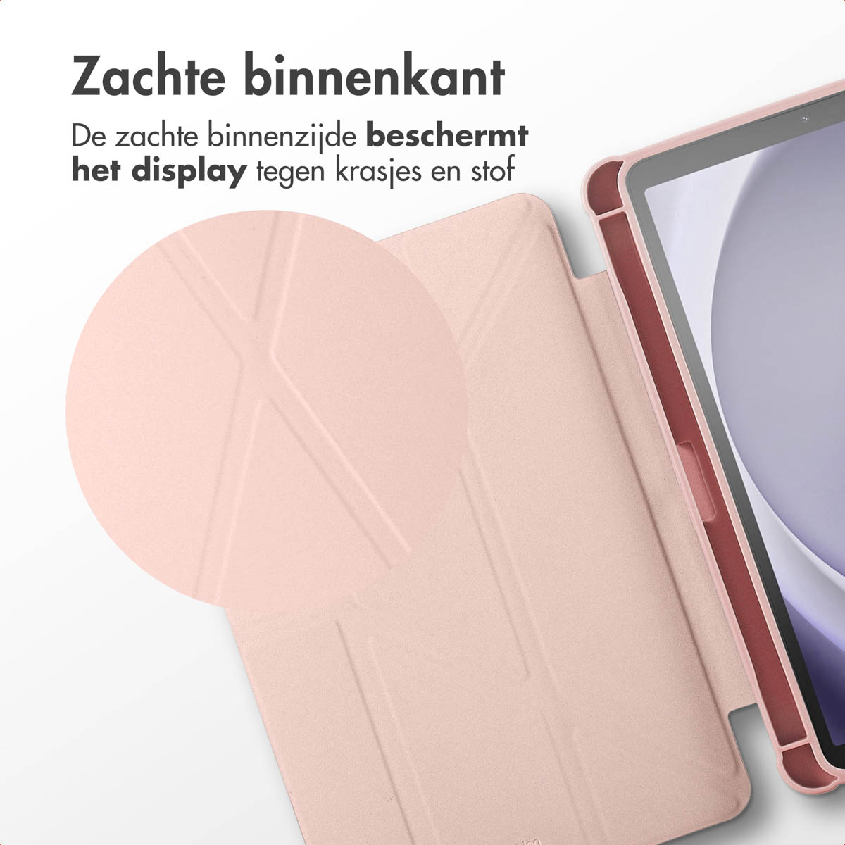 Close-up of tablet case interior. Pink interior protects the screen. The case is open, showing inside.