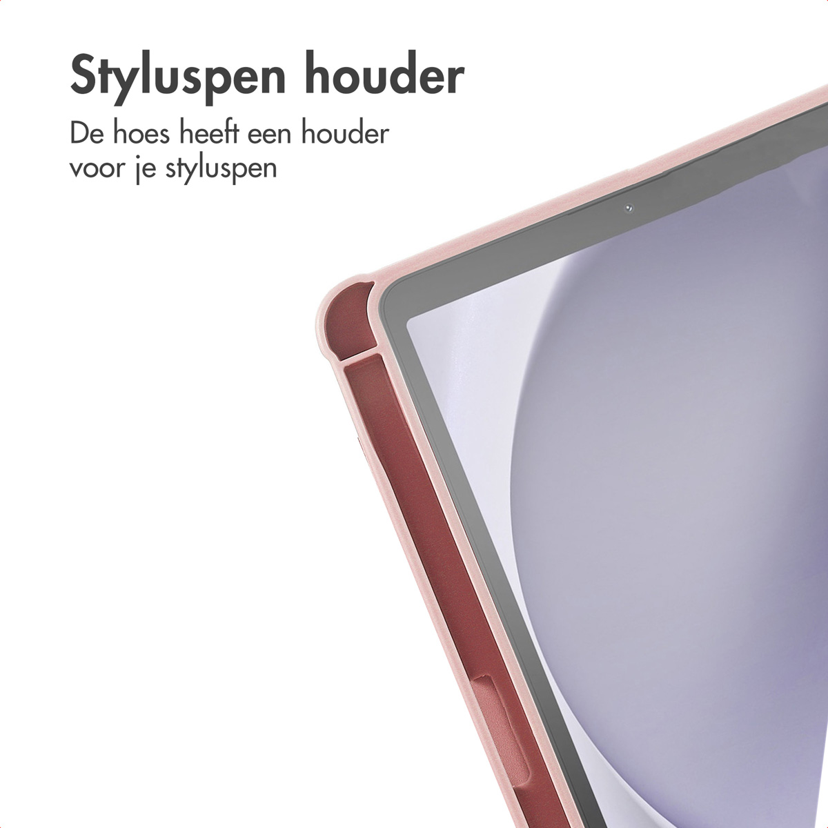 Pink tablet case with a stylus holder. Text: The case has a stylus holder.
