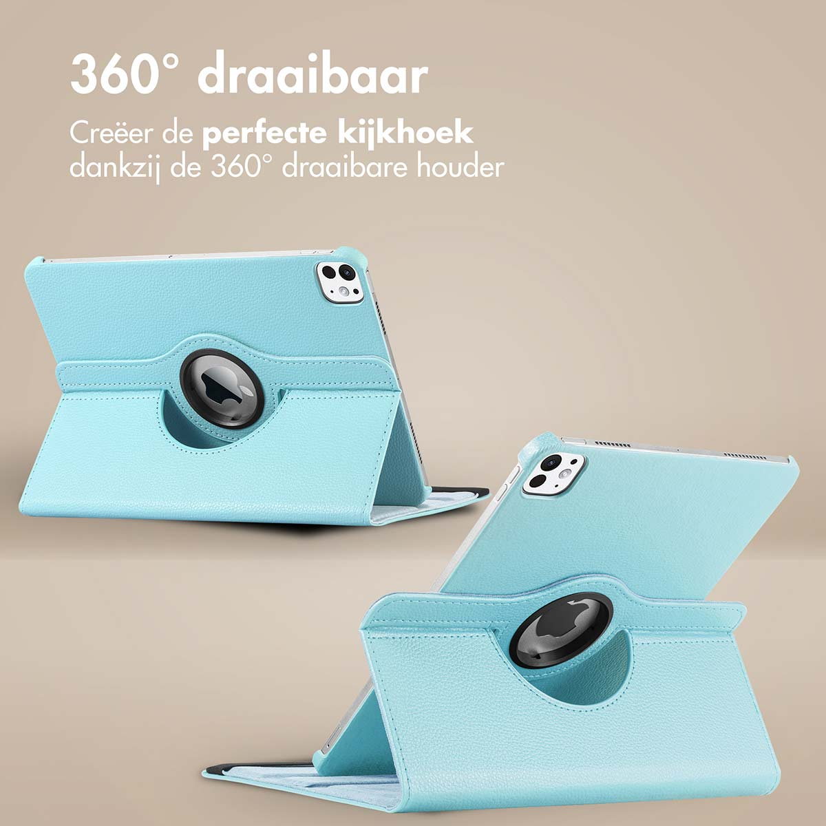 Twee blauwe tablethoezen in verschillende hoeken. De hoezen hebben een draaibare standaard. Beige achtergrond.