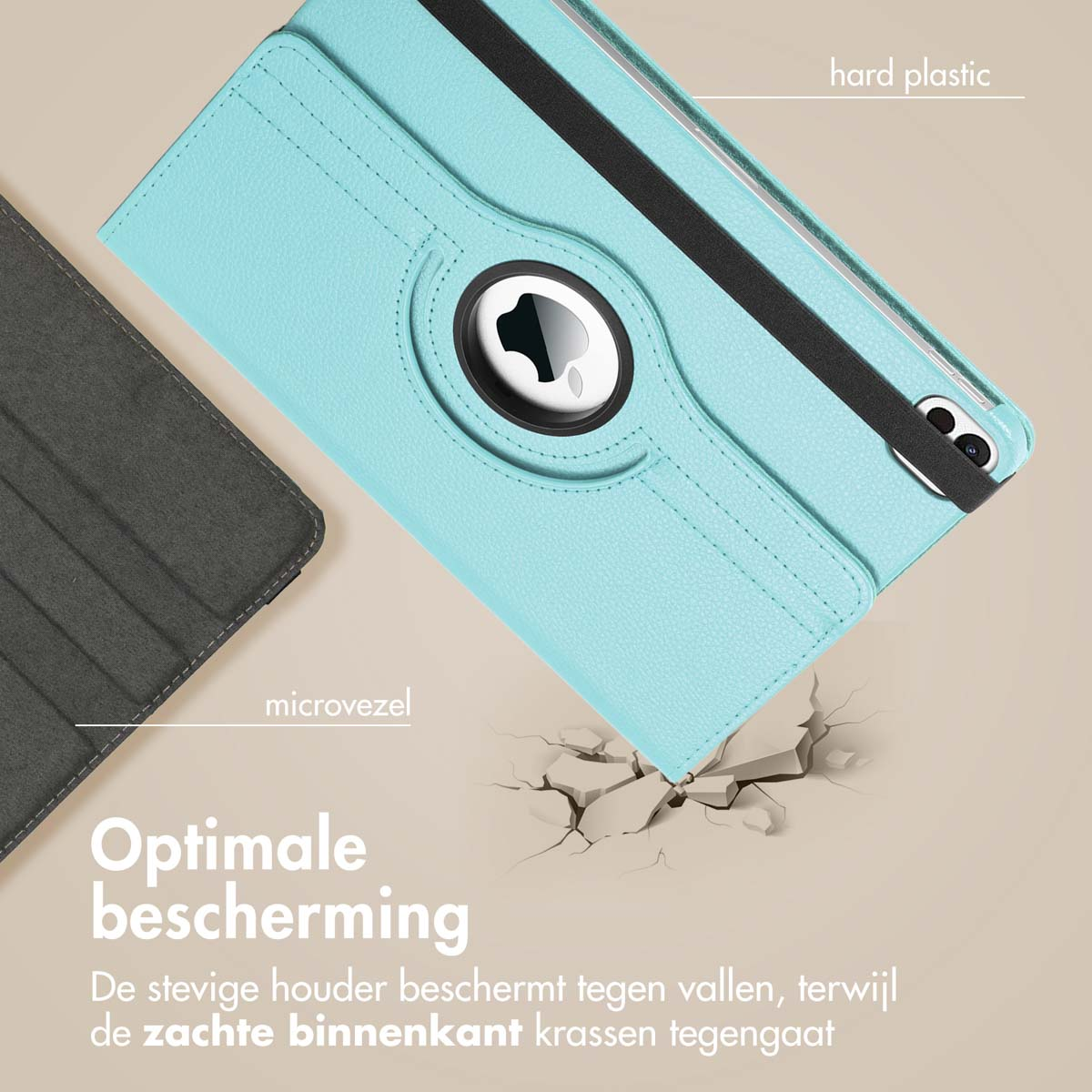 Blauwe tablethoes met microvezelvoering. De tablet is beschermd. Gebarsten grondeffect.